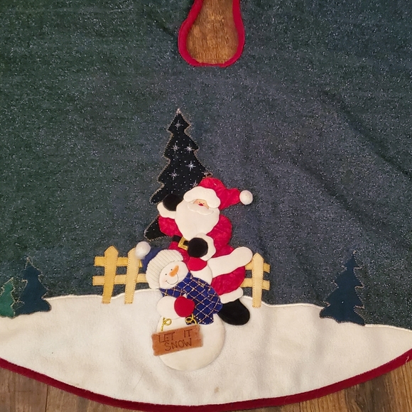 Santa Snowman Christmas Tree Skirt Green Sparkly Prima Creations 43" Primitive - Picture 3 of 8